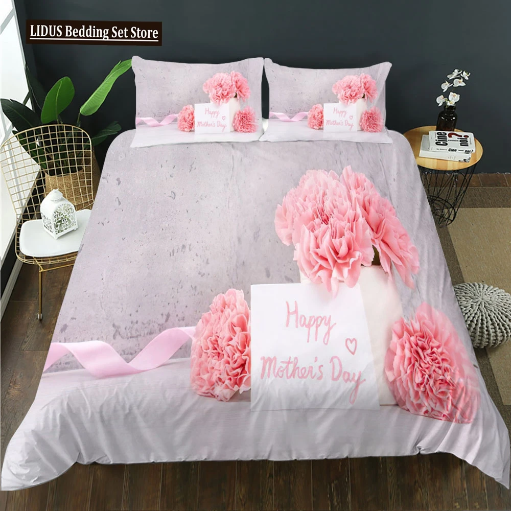 

Mother's Day Duvet Cover Set Pink Rose Theme Thanksgiving Gift King Queen Size Polyester Comforter Cover For Mother Bedding Set