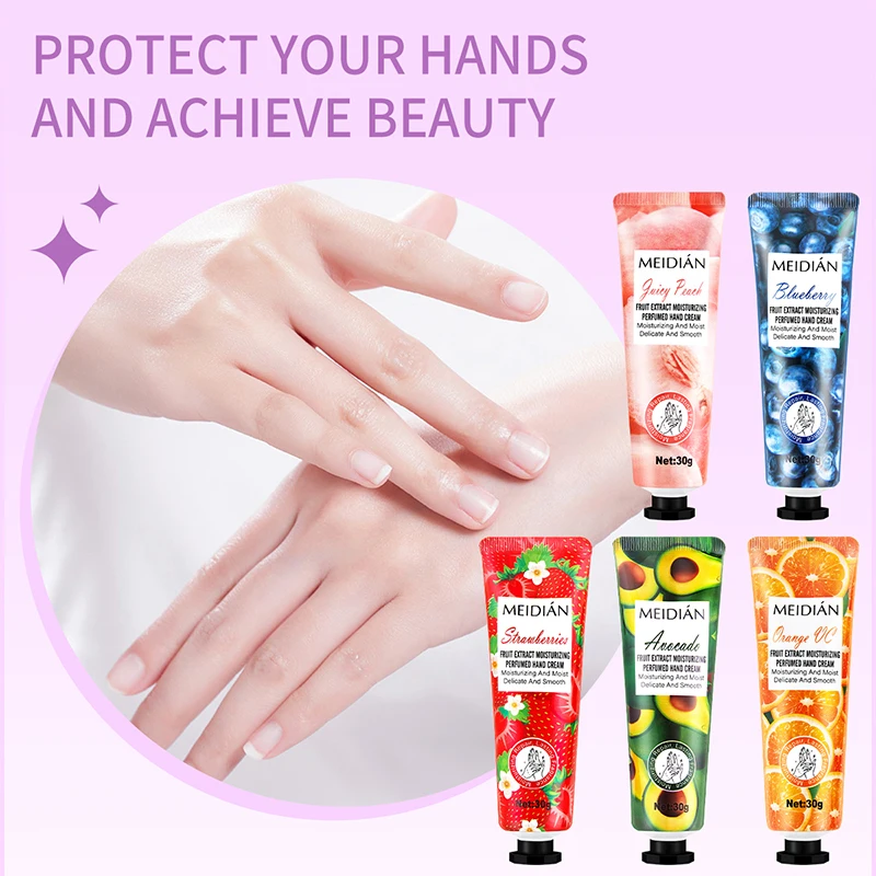 Meidian Fruit Fragrance Hand Cream Packaged Set of 5 Moisturizing and Hydrating Hand Cream Set for Autumn and Winter to Prevent Dryness and Cracking, Hand Care Cream for Skin Softening and Nourishment, Hand Moisturizing Cream Combo Pack, Christmas Gift, Birthday Gift, Holiday Gift.
