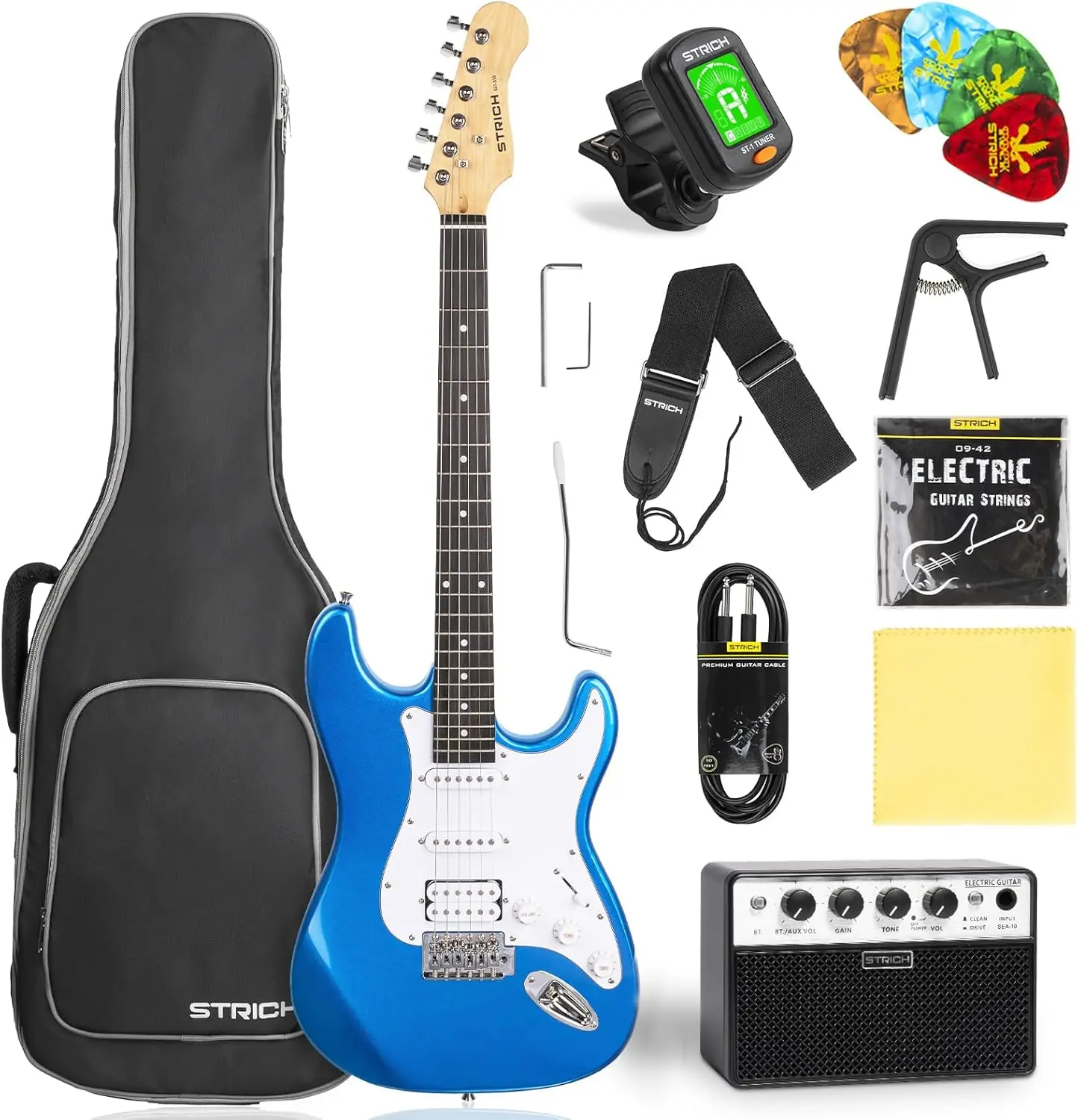 HSS Pickup Solid Body Electric Guitar Beginner Kit - 39-Inch Full Size Starter Set with 10W Amplifier, Carrying Bag, Digital Tuner, Capo, Strap, String, Cable, Picks, Sapphire Blue