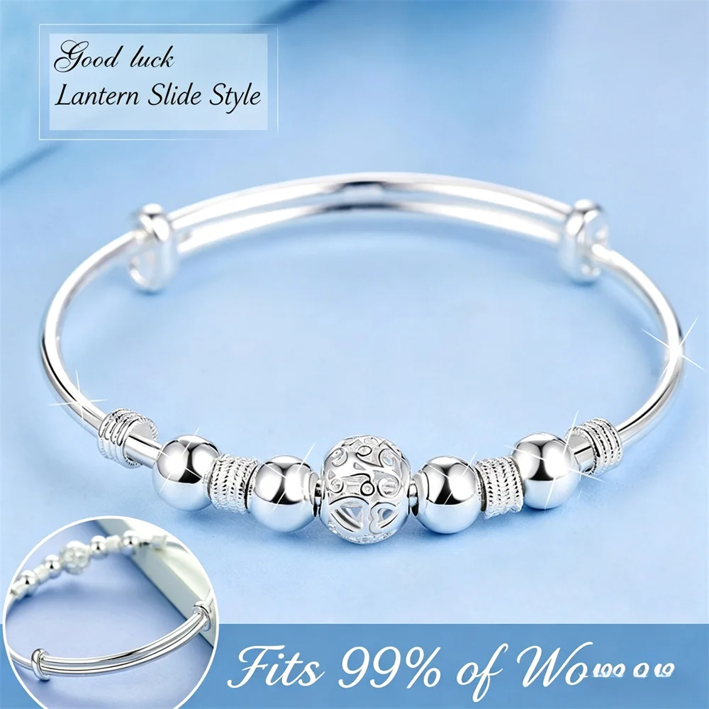 OUYADI Women 999 Sterling Silver Push‑Pull Adjustable Bracelet, Delicate Lantern Hollow‑Bead Daily‑Wear Jewelry Gift