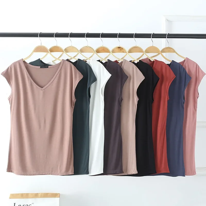 Solid V Neck Basic Tshirt Women summer modal Loose Tee Tops Casual undershirt M to 2XL