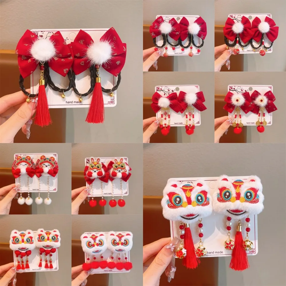 1 Pair 2025 Children's New Year Hair Clips Cartoon Snake Red Chinese Style Hairpin Plush Bow Sweet Hair Accessories for Girls