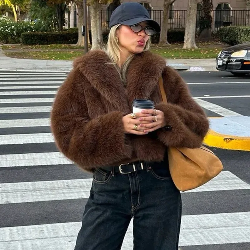 Tuularose Women Elegant Faux Fur Coat Warm Fluffy Loose Long Sleeve Lapel Jacket Winter Fashion High Street Lady Outerwear Fur