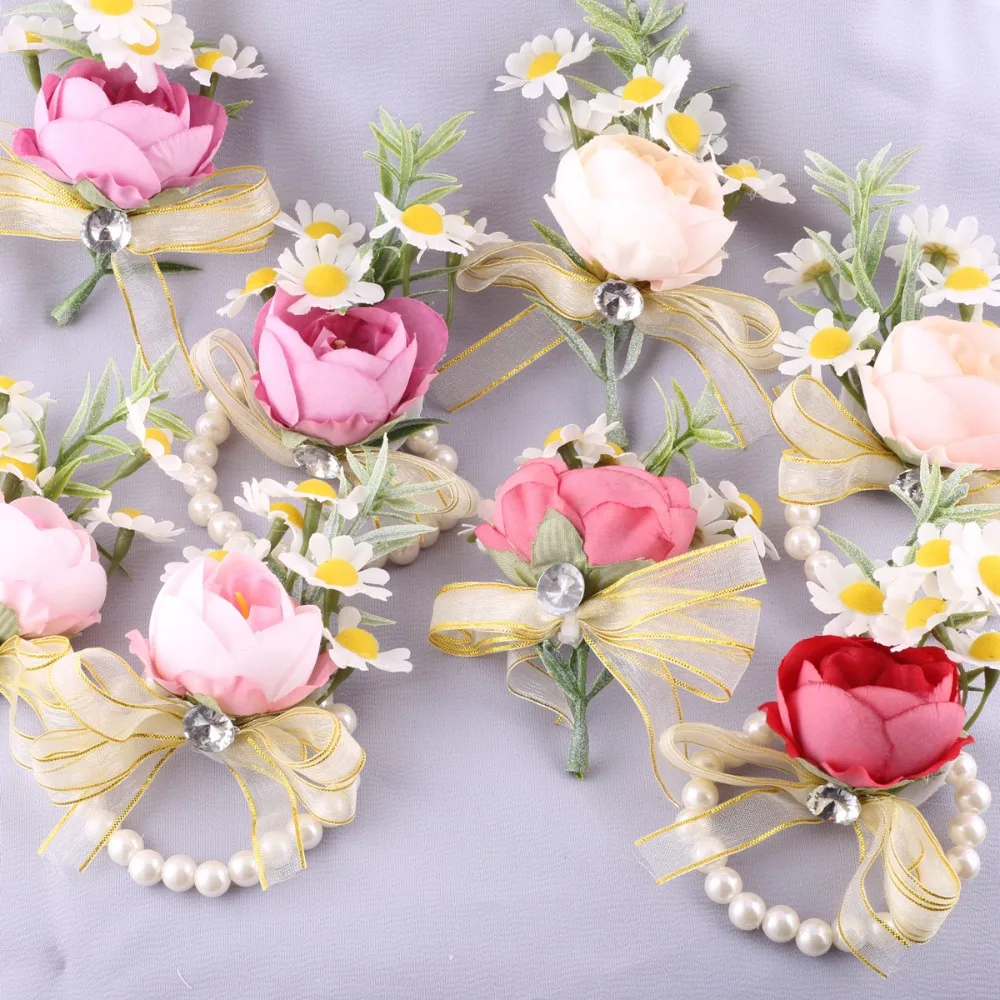 Artificial White Silk Rose Wedding Boutonniere for Men Daisies Pearls Ribbon Bow Bridesmaid Corsage Pins Marriage Accessories