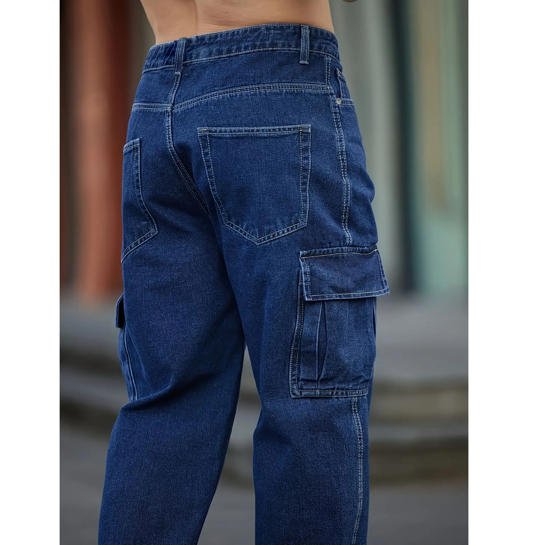 جينز رجالي للربيع والخريف مغسول باللون الأزرق الداكن بأرجل مستقيمة، تصميم كاجوال متعدد الجيوب، سروال فضفاض واسع الساق كبير الحجم