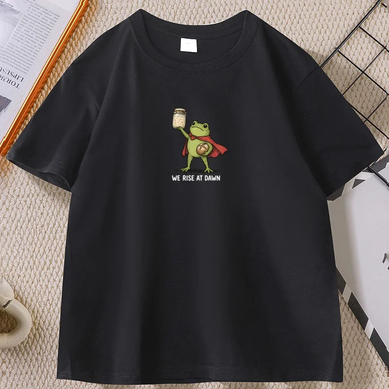 Funny Sourdough Starter T Shirt We Rise At Dawn Frog Tee Bread Making T-Shirt Casual Cotton Short Sleeve Round Neck Printed