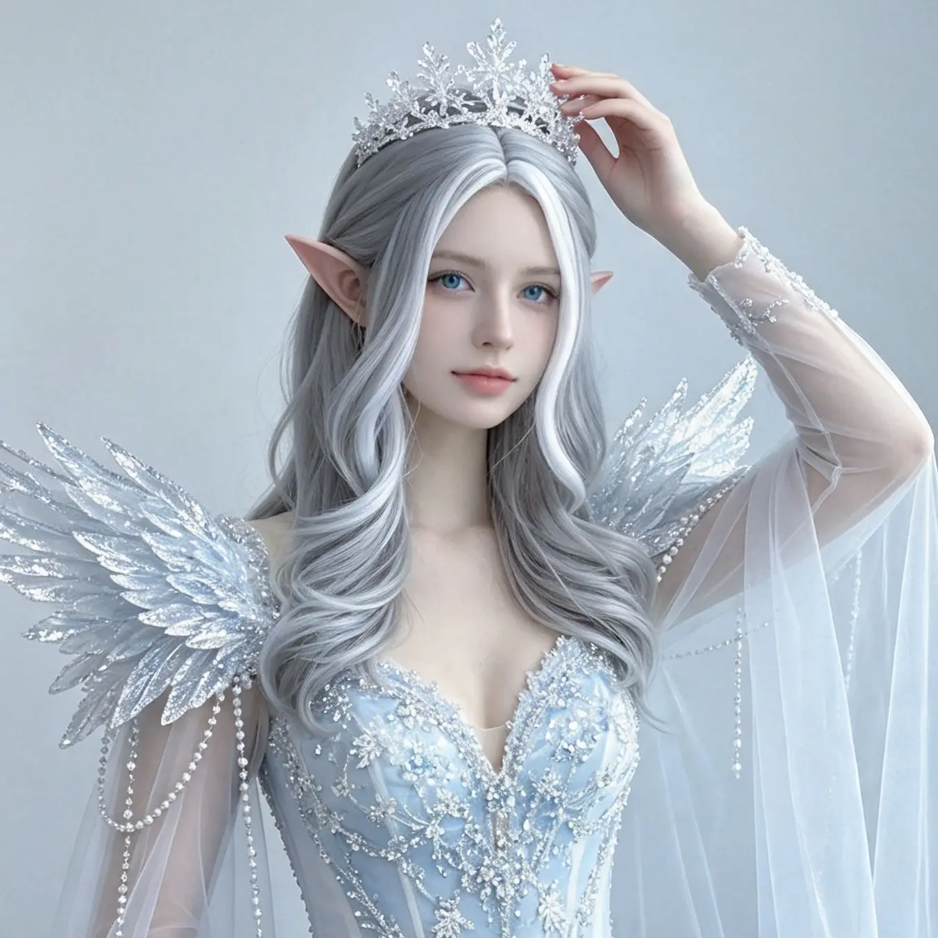 Gray and white bleached hair synthetic wig, parting with waves, ice princess Halloween cosplay wig headgear
