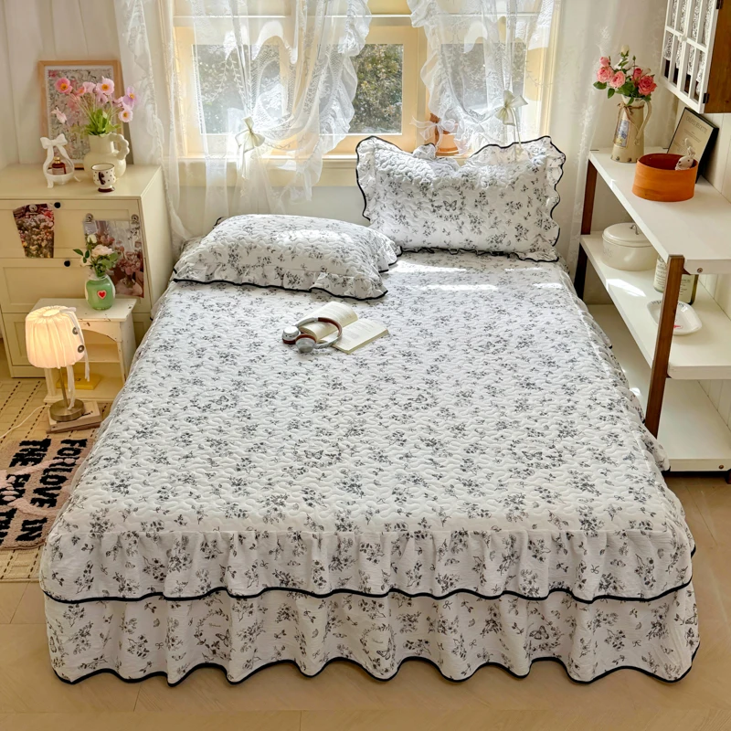 1 pièce Jupe de lit noire et blanche imprimée avec volants, style français, pour lit Queen/King, cache-sommier, couvre-lit, jupe de lit