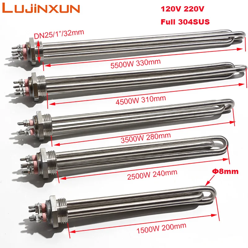 LUJINXUN G1 Solar Heater Element 1inch DN25 32mm Electric Heating Tube 304SUS Ten Water Resistance 220V 1.5/2.5/3.5/5.5KW 1PC