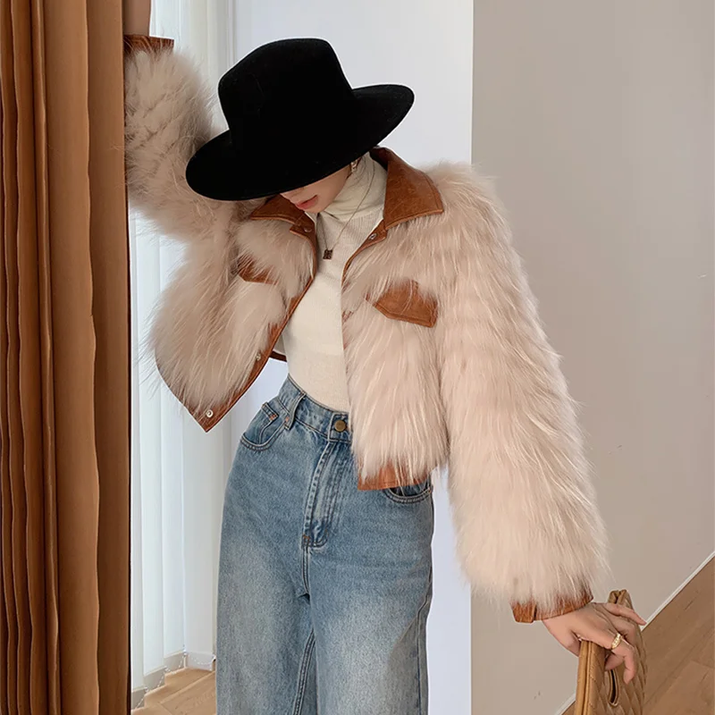 ฤดูหนาวขนสัตว์จริงแฟชั่นสำหรับผู้หญิง Raccoon Fur Patchwork สั้น Outerwear Sheepskin Lapel Single-Breasted Casual Lady Jacket