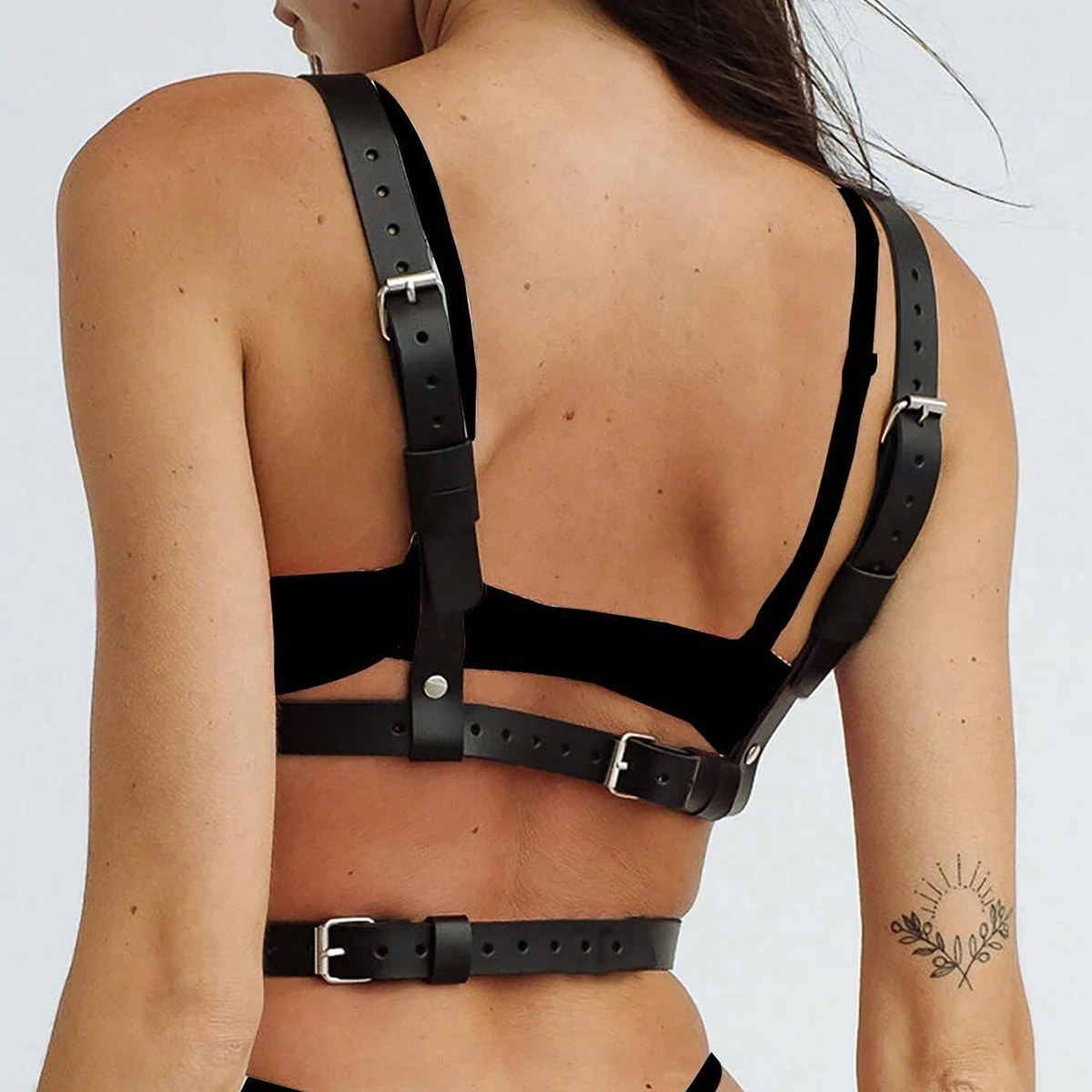 Women's Gothic Lingerie - Leather Strappy Body Cage with Adjustable Harness and Metal Rings Design