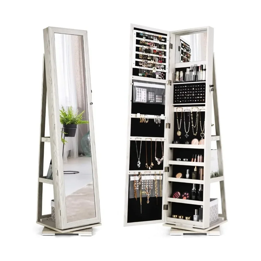 

360° Swivel Jewelry Armoire with Higher Full Length Inside Makeup Mirror,Standing Lockable Cabinet Organizer(Grayish White)