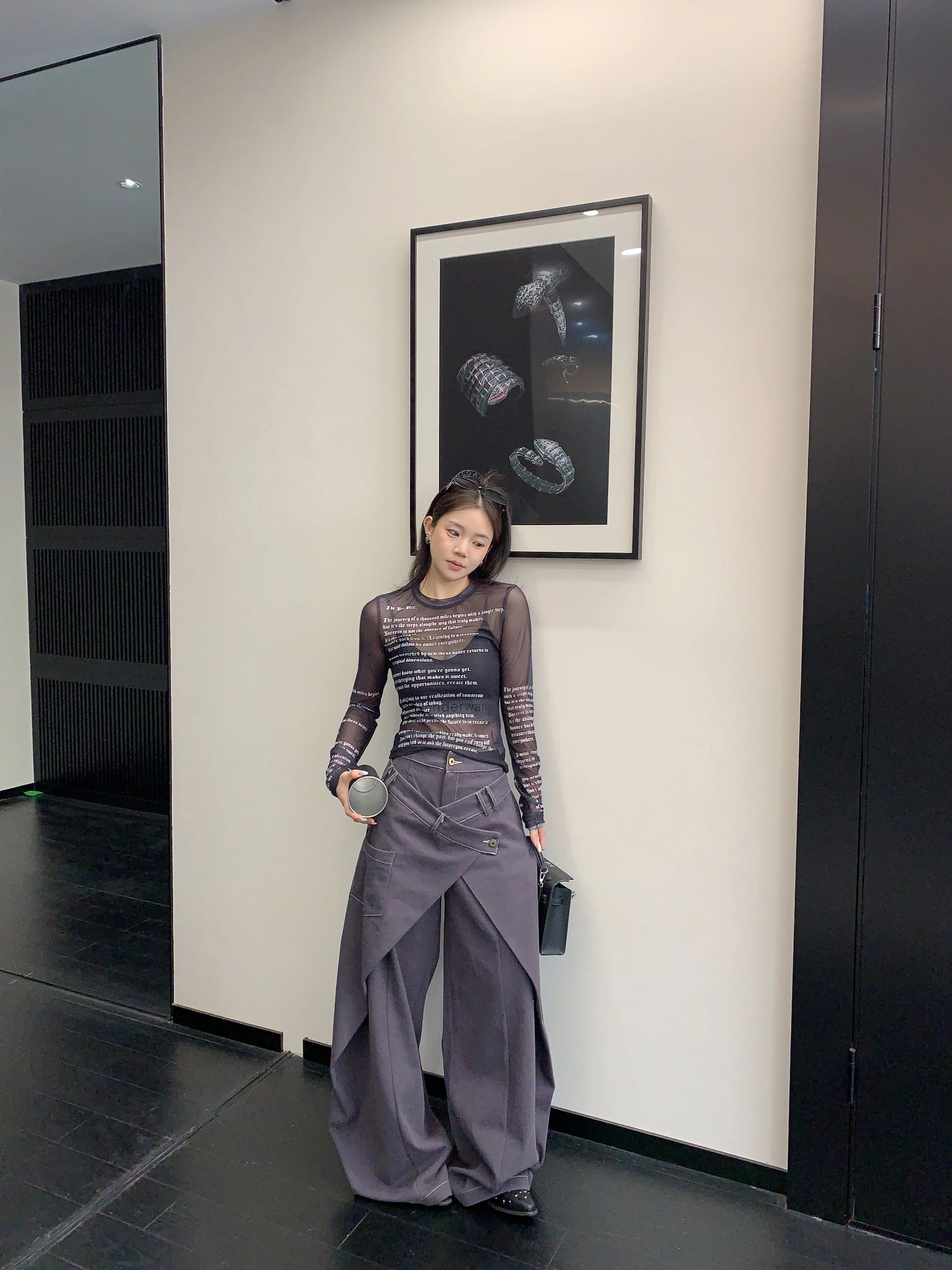 

Casual Loose Wide Leg Pants Women's High Waist Fake Two-Piece Straight Cut Vintage Trousers Drag the Floor Long Pants