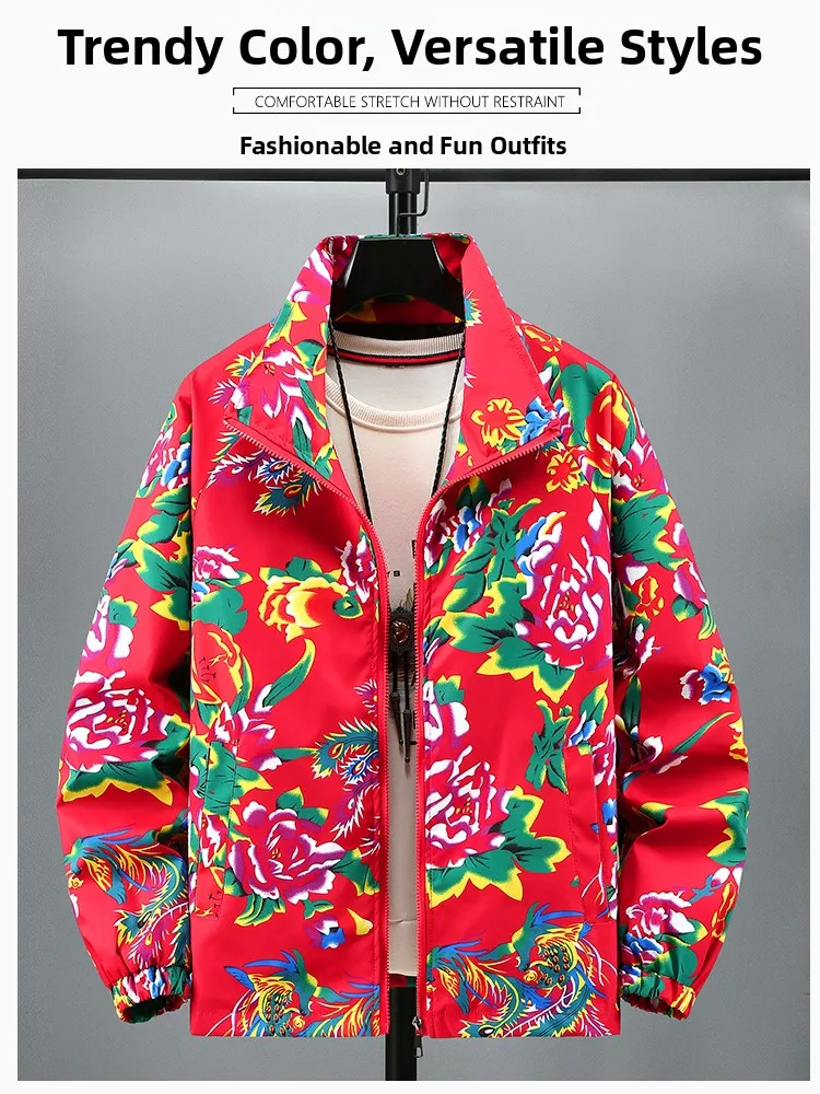 

Trendy Men's Jaet Stand Collar Spring Autumn Large Flower Pattern plus Size Network Celebri Sle Outerwear Coat