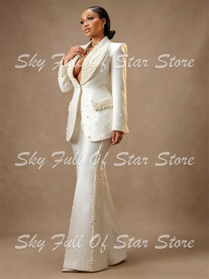 White Women Suit Set 2 Pcs Satin Heavy Pearl Beaded Blazer Flare Pants Custom Formal Bridal Wedding Evening Party Lady Jacket view 2