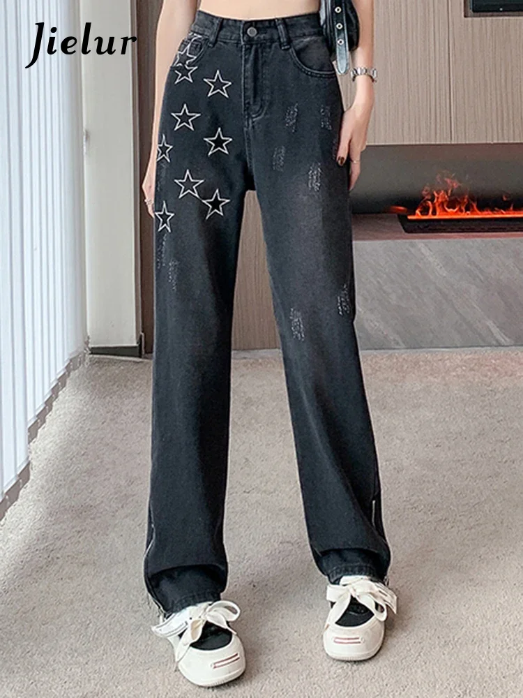 

Jielur прямые черные женские джинсы с принтом звезд, новые свободные широкие брюки на молнии в корейском стиле, повседневная уличная одежда, наряды