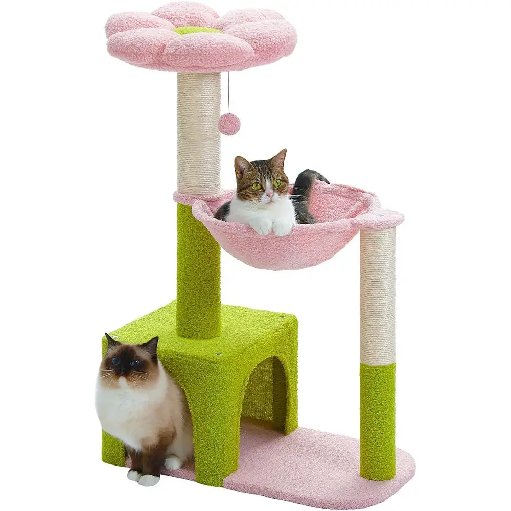

Lower Cat Tree with Large Metal Hammock, 35 Cute Tower with Sisal Scratching Posts for Small Indoor Cats, Cat Condo with Pink To