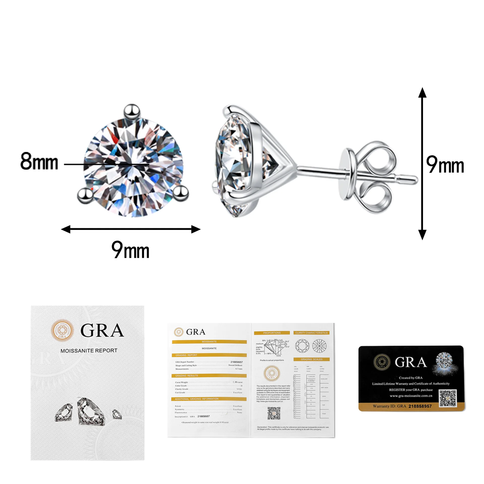 LioraGem Classic Moissanite Three-claw Stud Earrings, Simple and Elegant Moissanite Threaded Stud Earrings Platinum PT950 Stamp