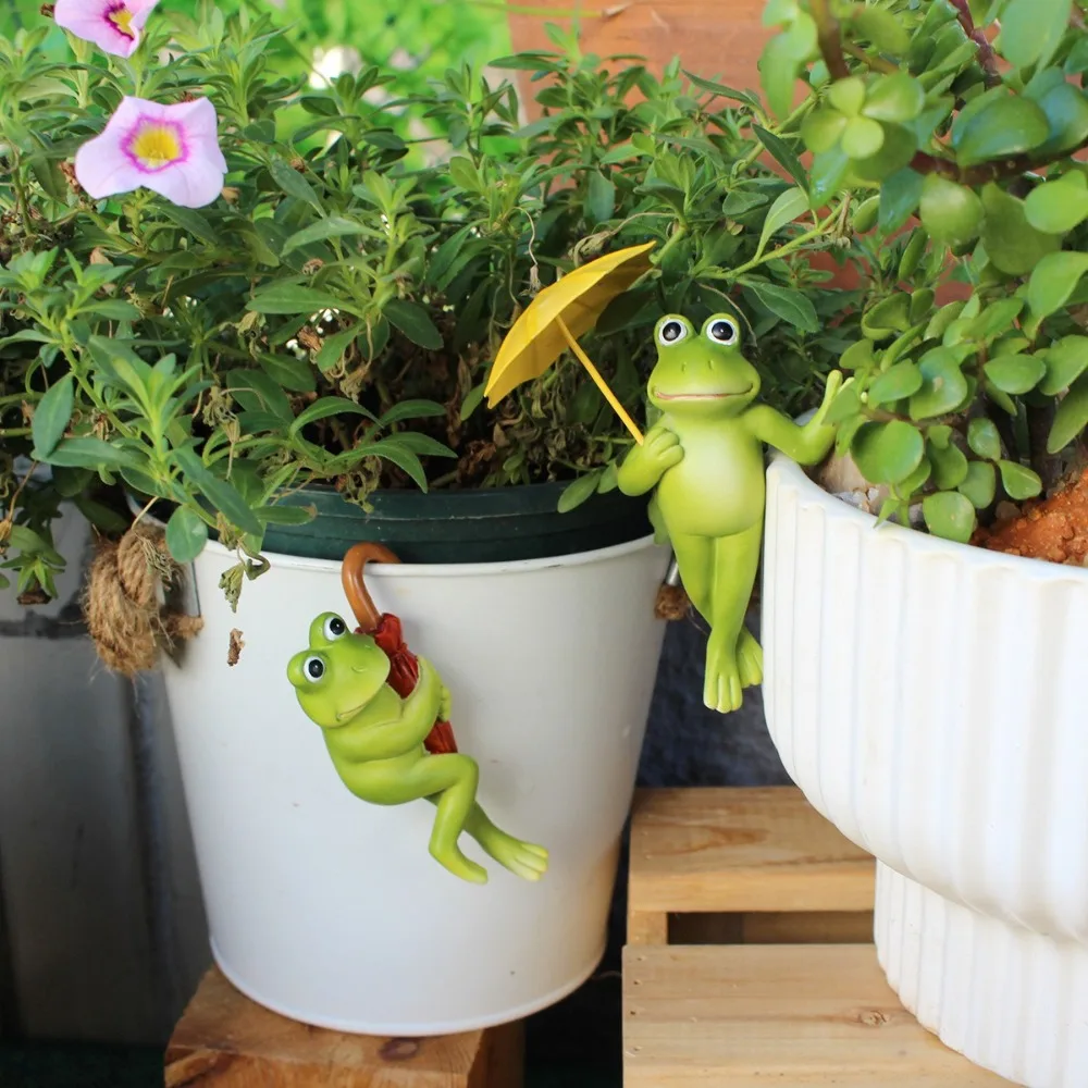 

Simulated Animal Umbrella Frogs Flower Pot Pendant Green Atmosphere Resin Statue Frogs Planter Pots Hanger Spring Garden