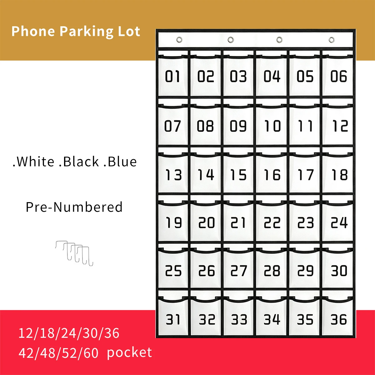 Pre-Numbered Phone Parking Lot Hanging Organizer, 18–60 Pockets Wall Door Cell Phone Storage Bag for Classroom Office Dorm