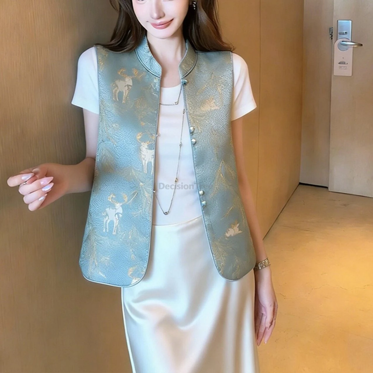 Elegant Women Jackets Bule Vest High-end Chinese Tang Suit Vest Spring Light National Style Retro Deer Printing Vest Tank Coat