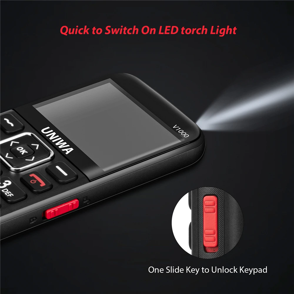 Uniwa v1000 starke Taschenlampe Druckknopf lautes Handy große sos Englisch russische Tastatur lange Zeit Standby 4g Telefon