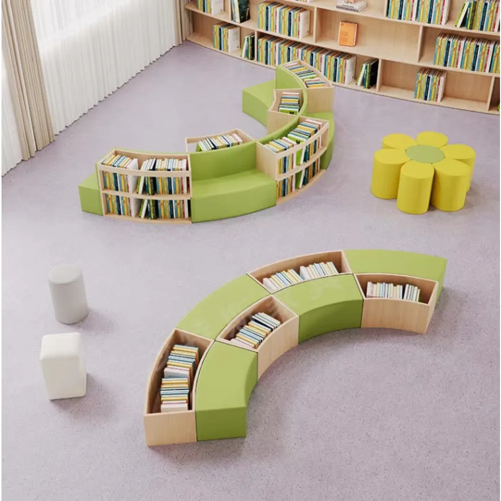 Curved Creative Sofa Combination With Bookcase Storage For School Kindergarten & Library Reading Area