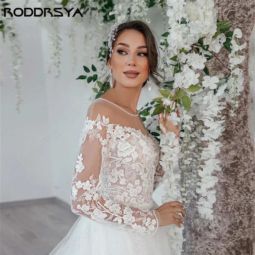 RODDRSY Civil Long Sleeves Lace Wedding Dress A-Line O-Neck Illusion Back Bride Gowns Custom Made Suknia ślubna z długim rękawem