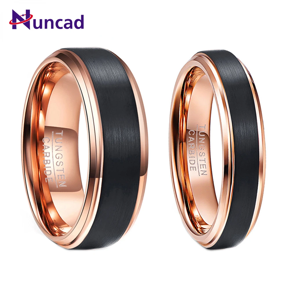 

NUNCAD 6mm Rose Gold Color Tungsten Carbide Rings for Men Black Brushed Wedding Band Beveled Edge Comfort Fit Size 5-12