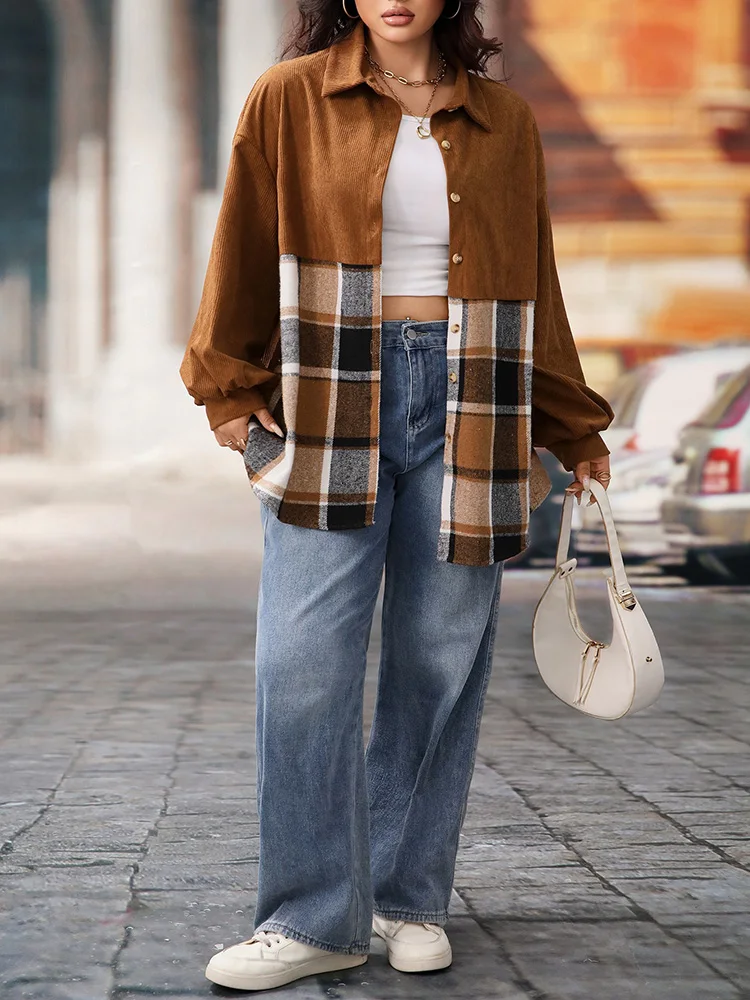 Gibsie plus size xadrez único breasted camisa de veludo jaqueta feminina 2025 outono manga longa solta casual senhoras outerwear topos