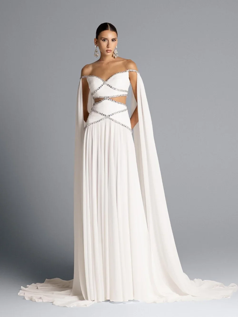 Abito da sera di lusso con mantella bianca personalizzata con spalle scoperte con strass, elegante abito da cerimonia nuziale فساتmavera