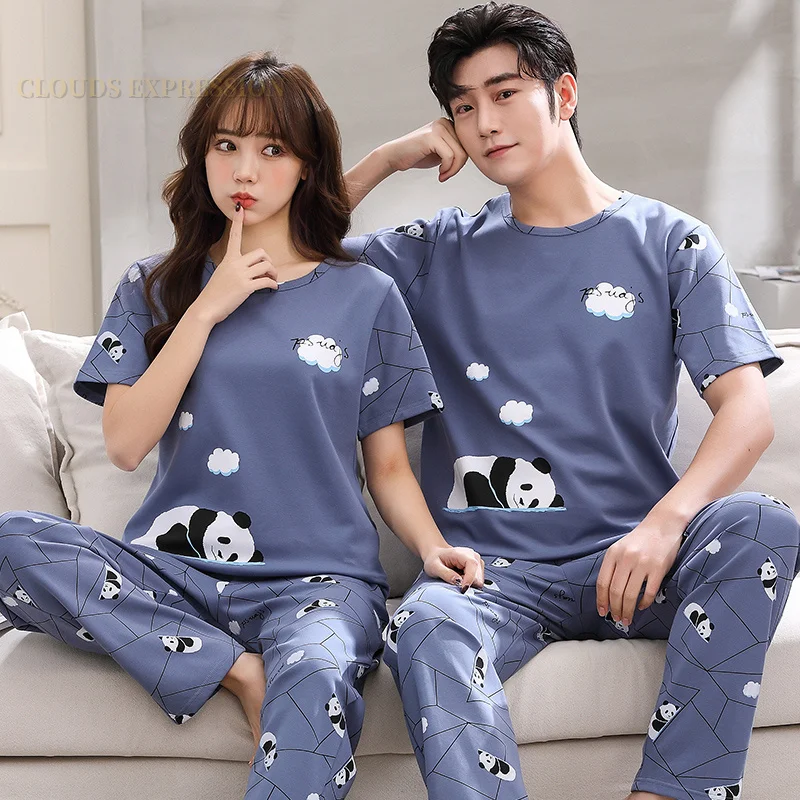 Summer Big 4XL Couple Pijama Knited Cotton Matching Pajamas Sets Long Pant Sleepwear Pyjamas Night Suits Pijamas Size Homewear