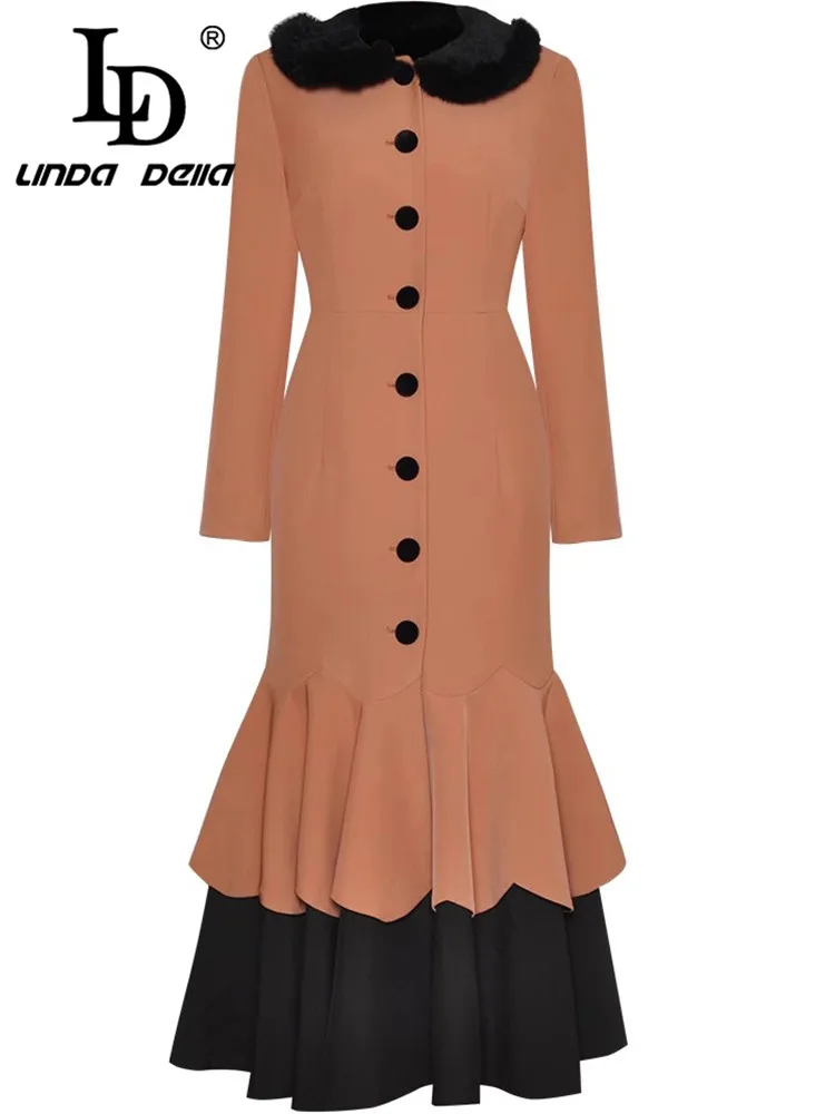 LD LINDA DELLA Autumn Winter Women's Dress Long-Sleeved Single-Breasted Fur Collar Slim-Fit Hip Wrap Mermaid Dresses