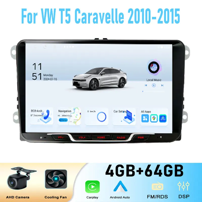 

9" For VW T5 Caravelle 2010-2015 64GB Car Radio Wireless Android 15 GPS Head Carplay Intelligent System Navi WIFI Google Map BT