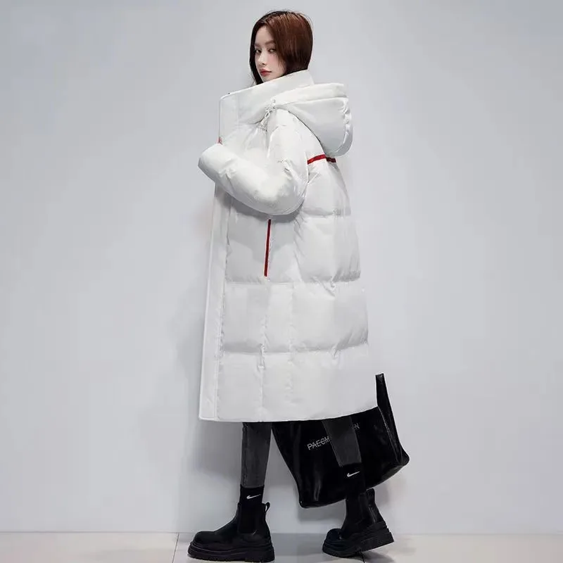 Duck Down Jacket Ladies Temperament Long 2024 Winter Loose Glossy Fashion White Goose Down Warm And Cold Hooded Coat Tide.