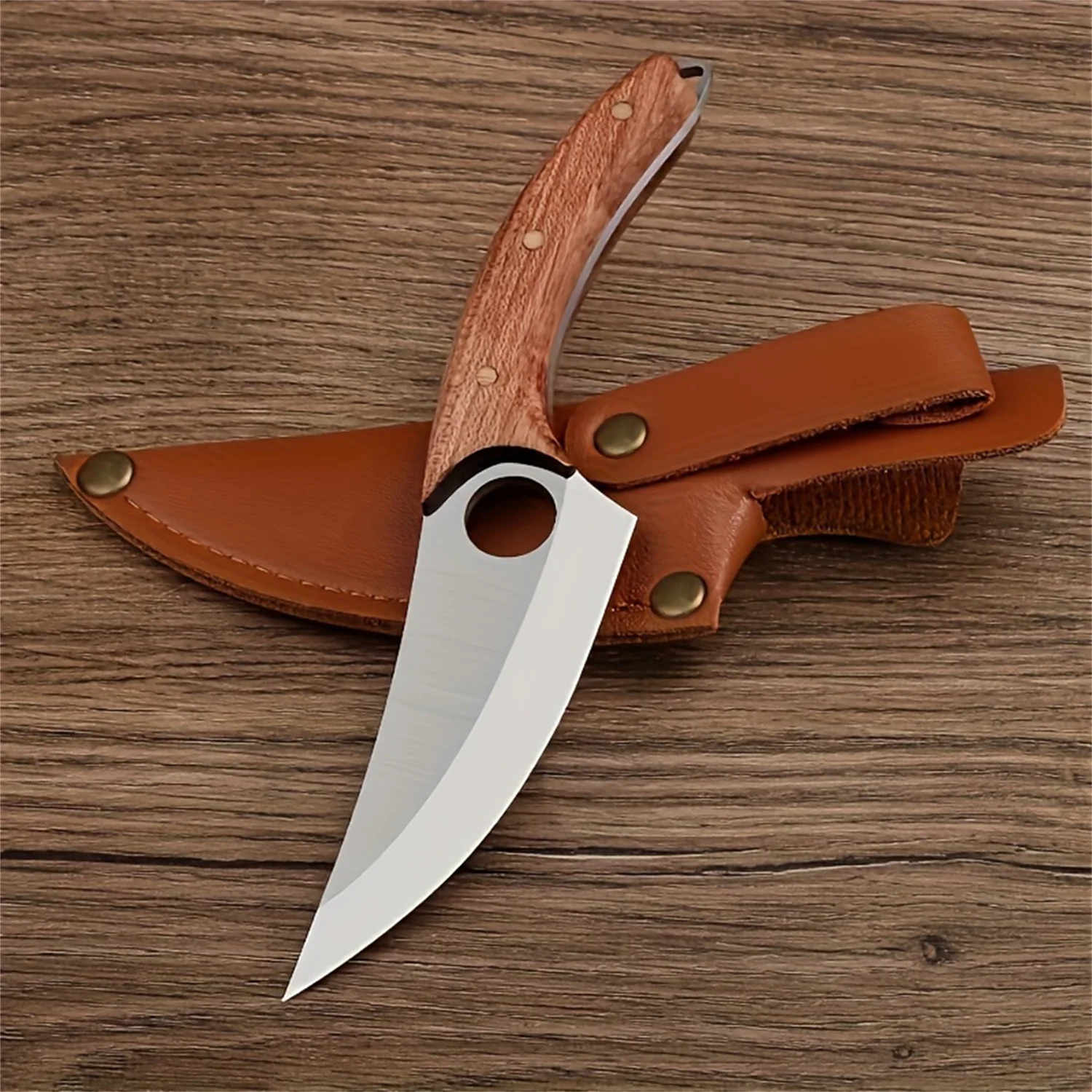 

Sharp meat cleaver, boning knife, stainless steel chef's knife, engineered strength-saving wooden handle, with brown PU sheath