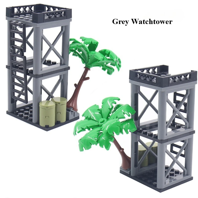 MOC Creative Military Building Scene with Sentry Post, Lookout Tower, Tree Oil Barrel, War Field Accessories and Assembly Model