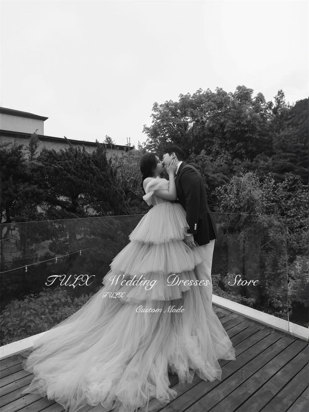 TULX – robe de soirée longue en Tulle rose féerique, pour séance Photo de mariage coréen, épaules dénudées, longue robe de soirée de mariée à plusieurs niveaux, Corset personnalisé