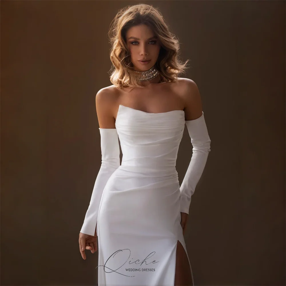 Qiche elegante barco-pescoço sereia vestido de casamento feminino 2026 aberto volta alta fenda lateral plissado vestido de noiva novia personalizado
