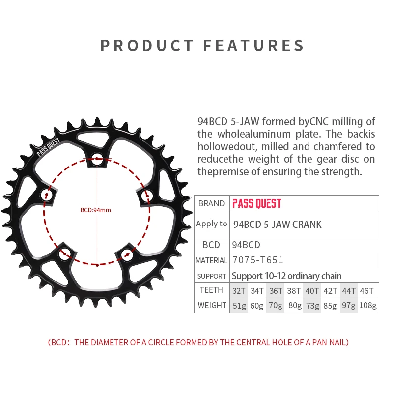 Fve Paws 32T/51g 94mm BCD 32T-46T Chainwheel 7076-T651 Narrow Wide Design Road Bike MTB BMX Chainring 94bcd