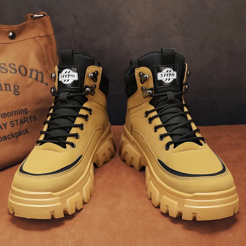 2025 New Men's High Top Lace Up Boots British Style Work Combat Hiking Shoes Outdoor Waterproof Non-Slip Casual Sneakers view 3