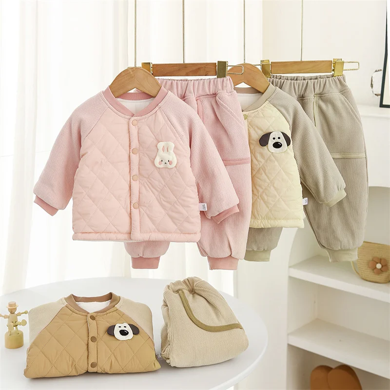 Kids Cartoon Print Warm Suits Children Winter Outdoor Thick Plush Coats+Pants 2Pc Outfits Baby Comfortable Thermal Clothes Sets