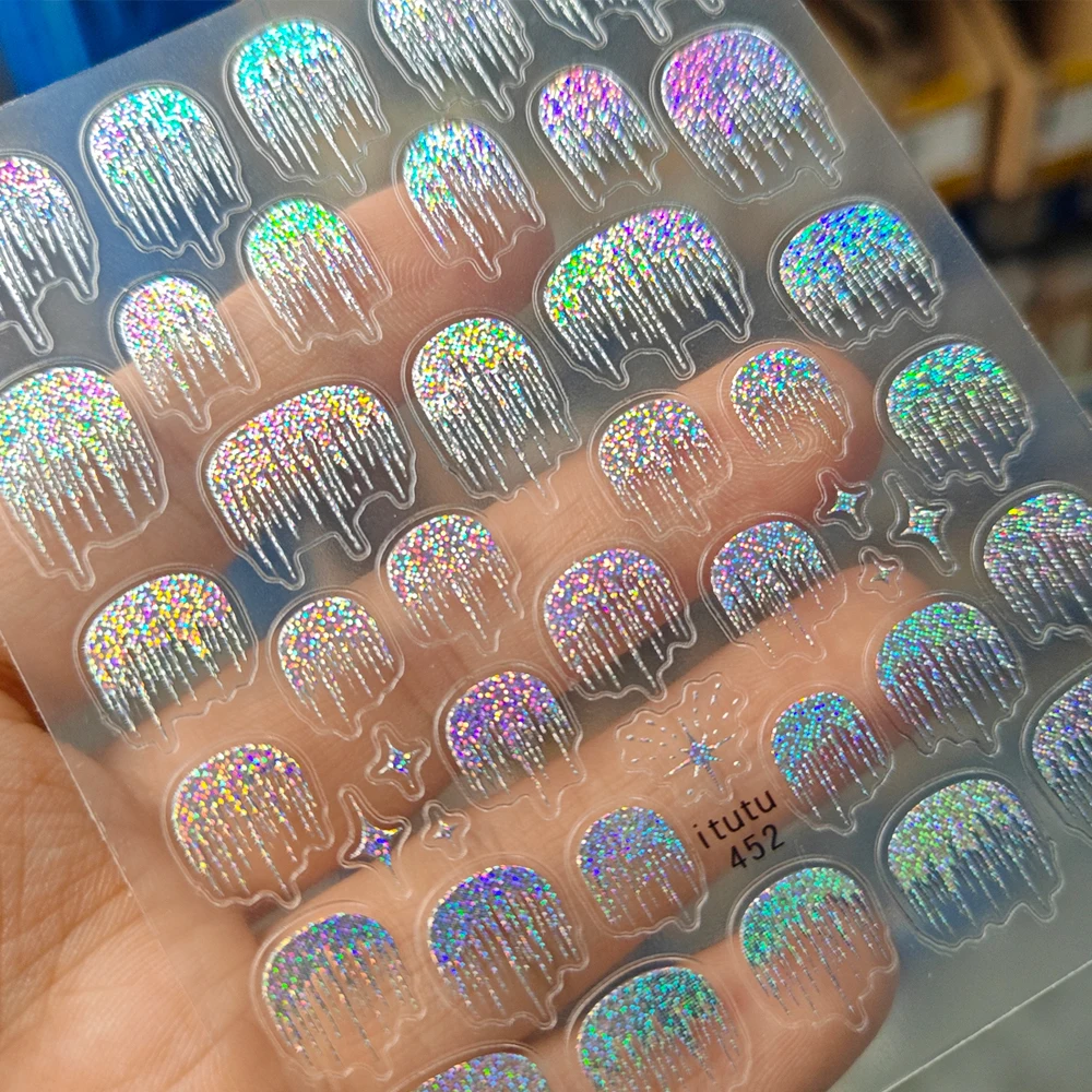 1 個 5D レーザーシルバー反射フレンチネイルステッカーホログラフィックスパークル滝タッセルデザインネイルデカール Y2K オーロラバースト