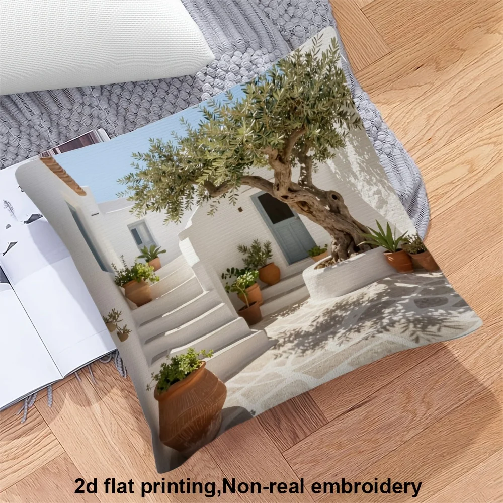 Mediterranean Courtyard Pillow Case, Olive Tree & White House Cushion Cover, Scenic Landscape Decor for Sofa Bedroom