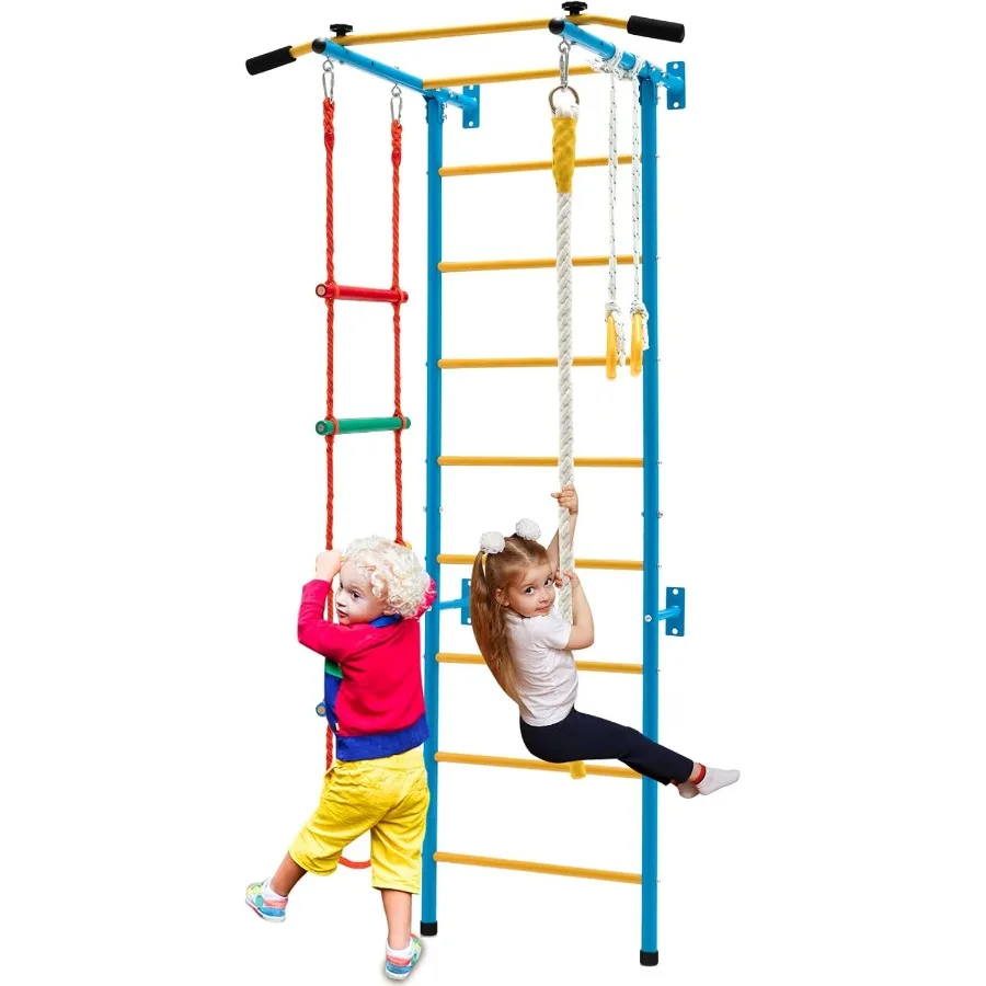 

Indoor Climbing Toys for Toddlers 5 in 1 Gym Set with Steel Ladder Wall Pull-up Bar Rope Gymnastic Rings Solid Black Wall Setup