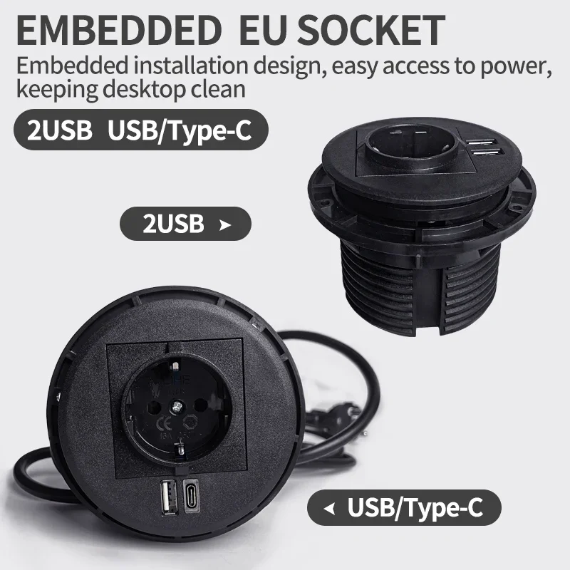 

Desktop socket Multifunctional EU Socket with 2USB/USB Type-C Recessed Desktop Plug Round Socket