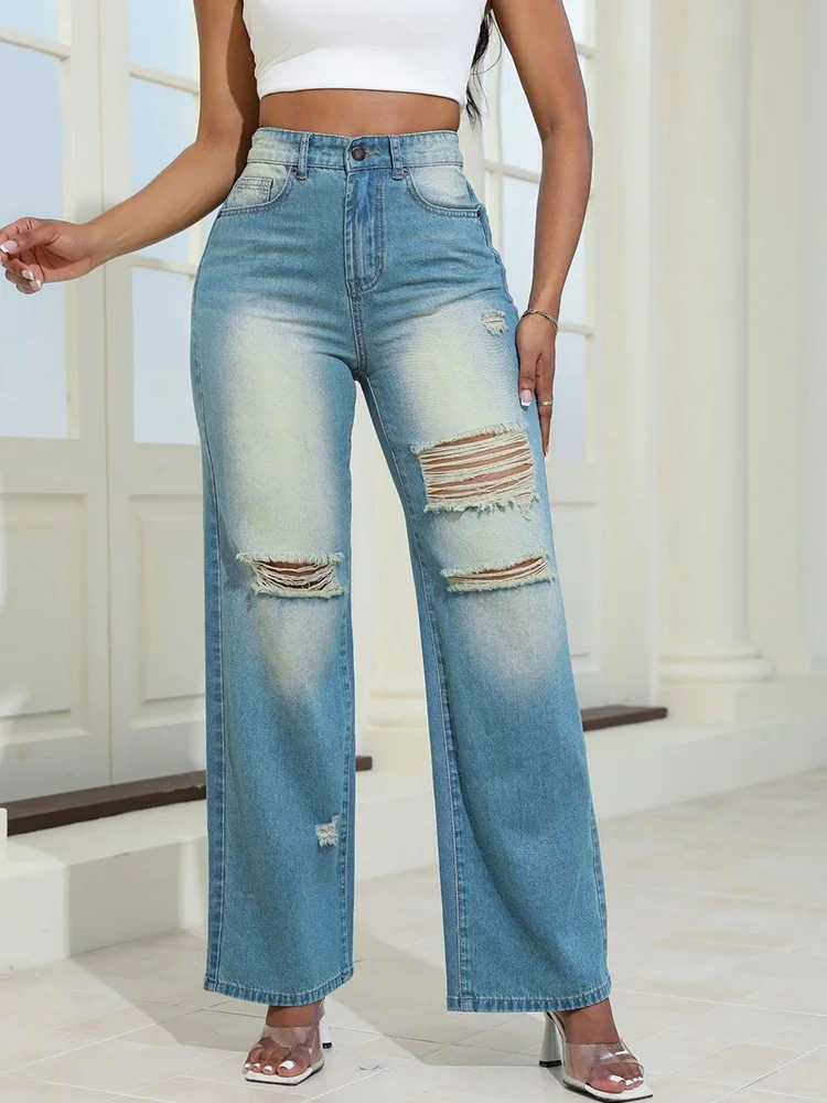 

Benuynffy Autumn New Retro Ripped for Jeans Women Streetwear High-waisted Straight Pants Fashion Loose Washed Wide Leg Trousers