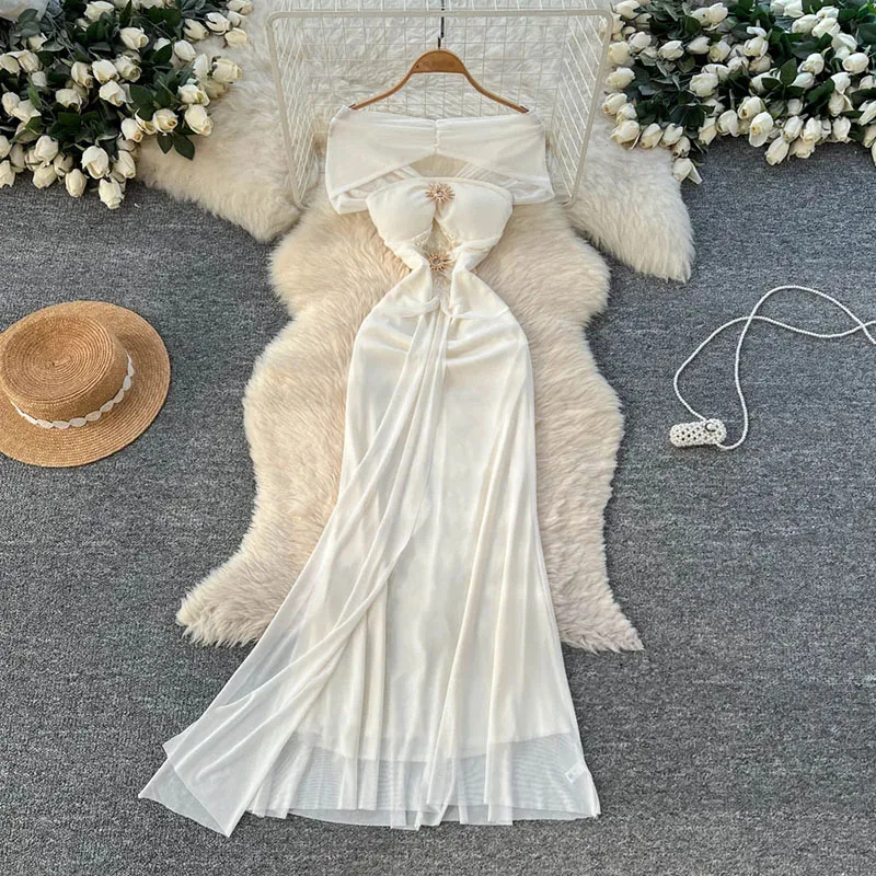 Romantische Hochzeits-Partykleider, Bänder, Metallknopf, schulterfrei, trägerlos, schlank, für Damen, Sommerurlaub, Mesh-Maxikleid