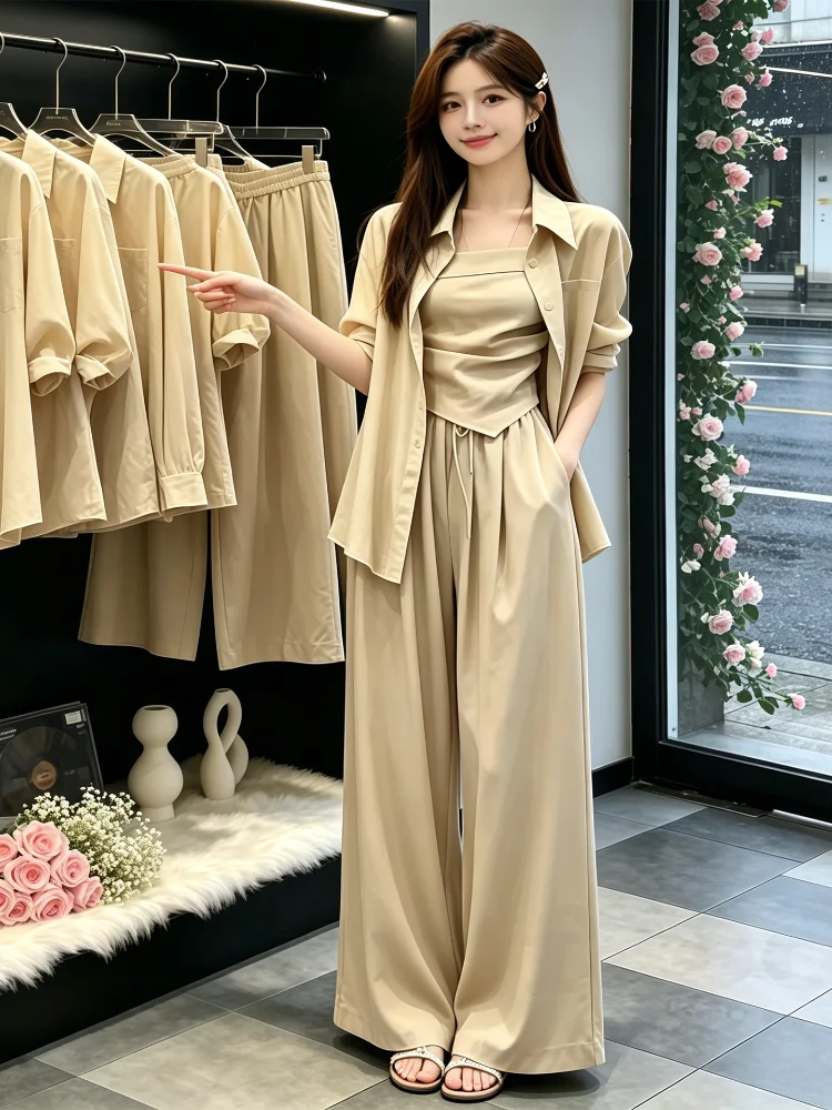 

2026 New Women's Pure Color Lightweight Breathable Shirt Vest Wide Leg Pants Three Piece Set Fashionable Summer Outfit