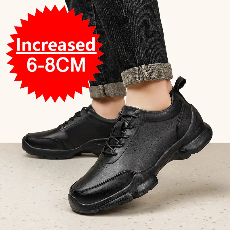 Men's Genuine Casual Leather Oxfords 6cm/8cm Hidden Elevator Height Increase Soft Sole Business Formal Comfortable Lace-Up Shoes